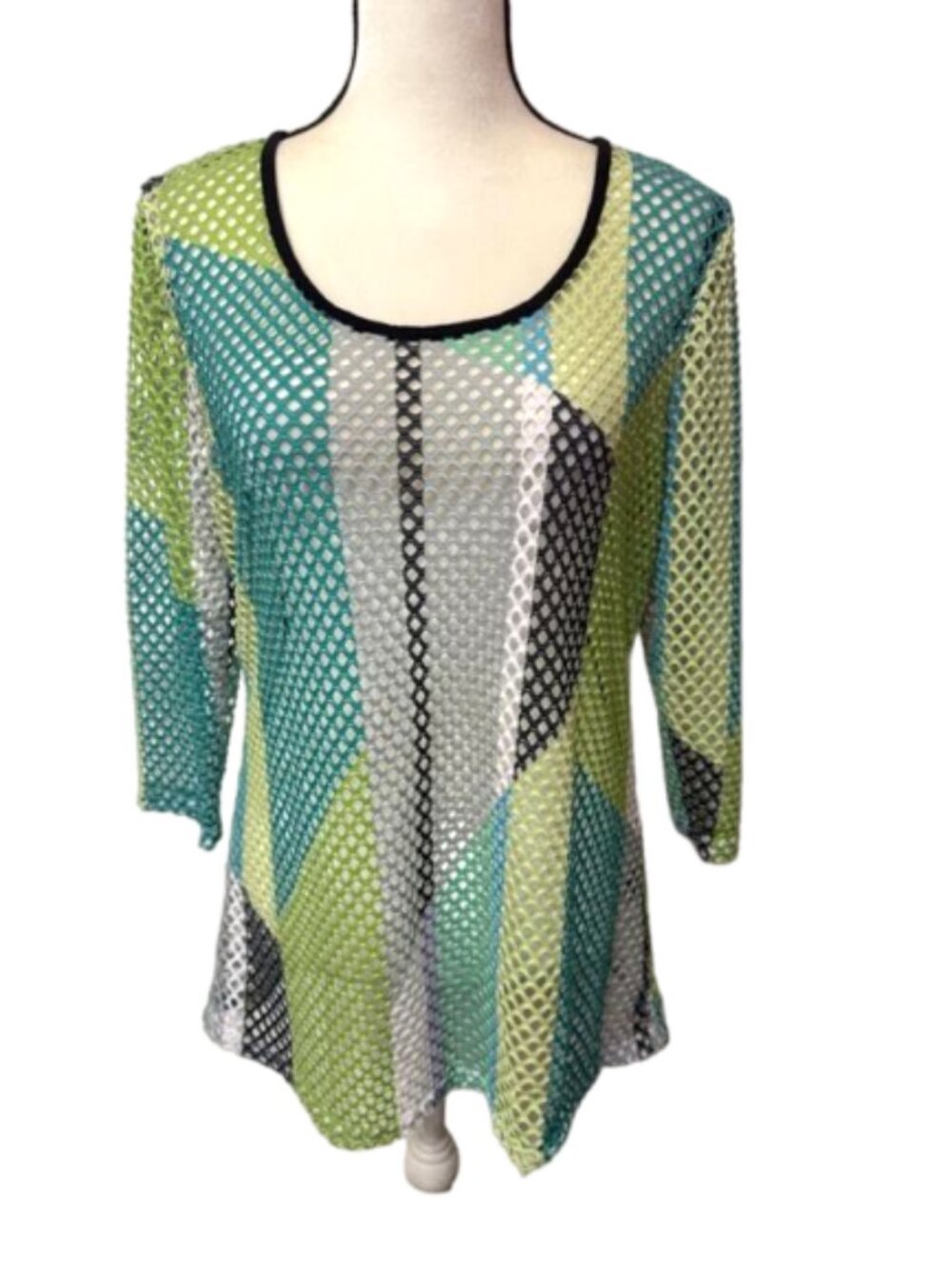 2/$30 Lynn Ritchie Silver Mesh Green & Teal 3/4 Sleeve Top Size M #2408